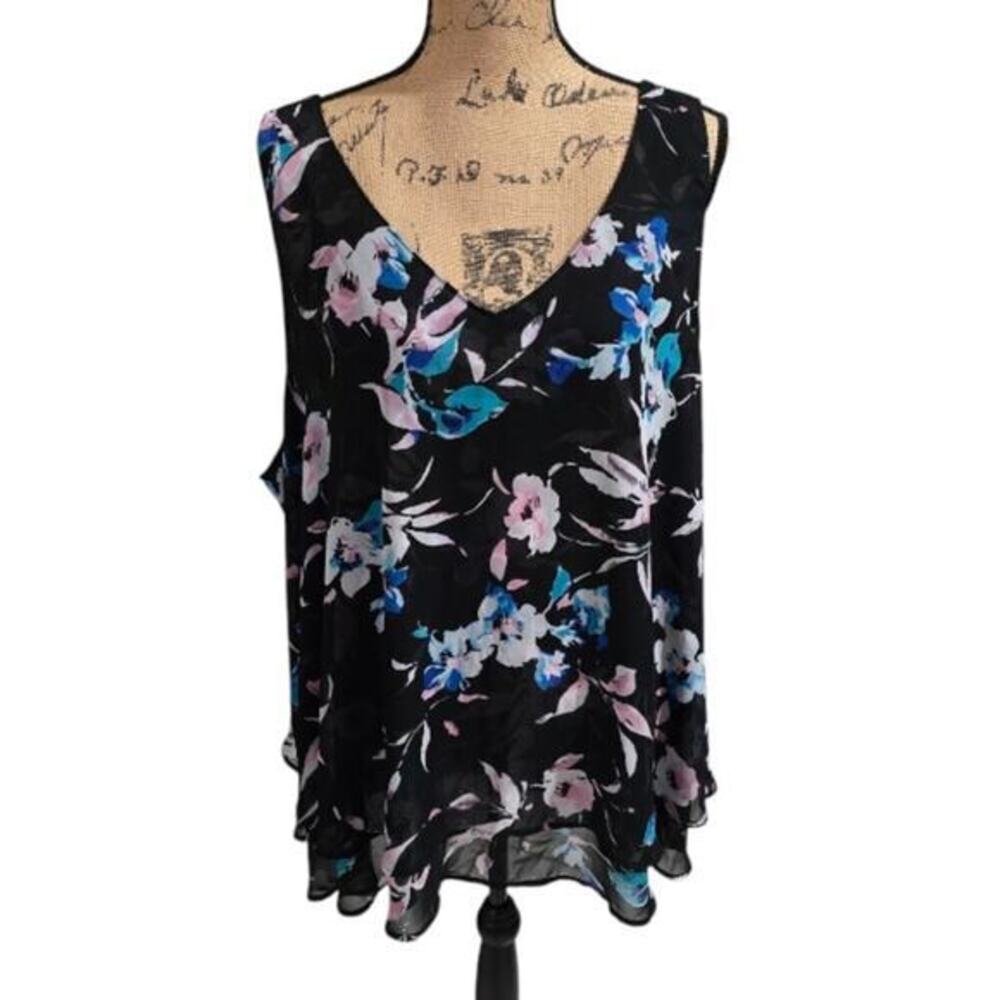 Lane Bryant Black Floral V-Neck Sleeveless Chiffon Tiered Blouse Plus‎ Size 28